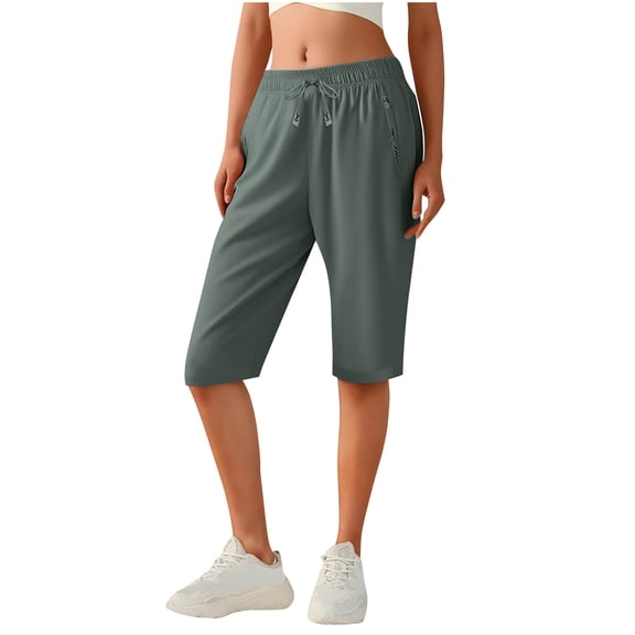 Qulqfy Women Shorts Summer High Waisted Wide Leg Quick Dry Green Shorts Casual Workout Knee Length Shorts for Women L