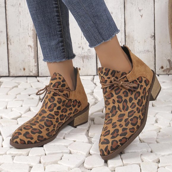 Amzcrzy Ankle Boots for Women Women's Winter New Casual Fashion Leopard-Print Splicing Thick Heel Ankle Boots Women's Leather Boots Womens Booties Women's Boots Booties for Women Boots for Women