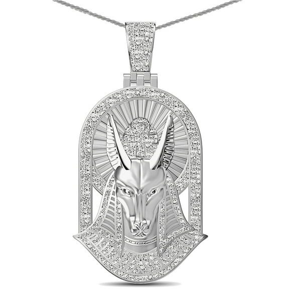 Real Genuine Moissanite Diamond 1.50 Cwt. 32  Grams Egyptian Anubis God Of Death Ankh Cross Pharaoh Mummy Charm 10K White Gold Over Pendant  Chain