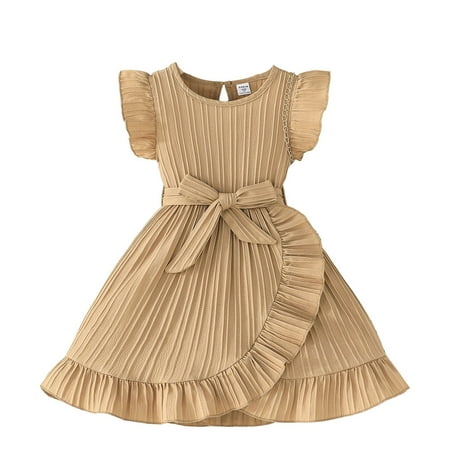 Huankd Tea Party Dresses For Girls Graduation Dress 1/4 Sleeve Solid Color Teen Dress Ruffle Crew Neck Cap Sleeve Kids Dress Earthy Yellow 6Y