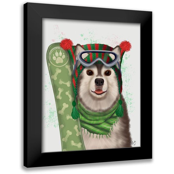Fab Funky 12x14 Black Modern Framed Museum Art Print Titled - Christmas Husky Snowboard