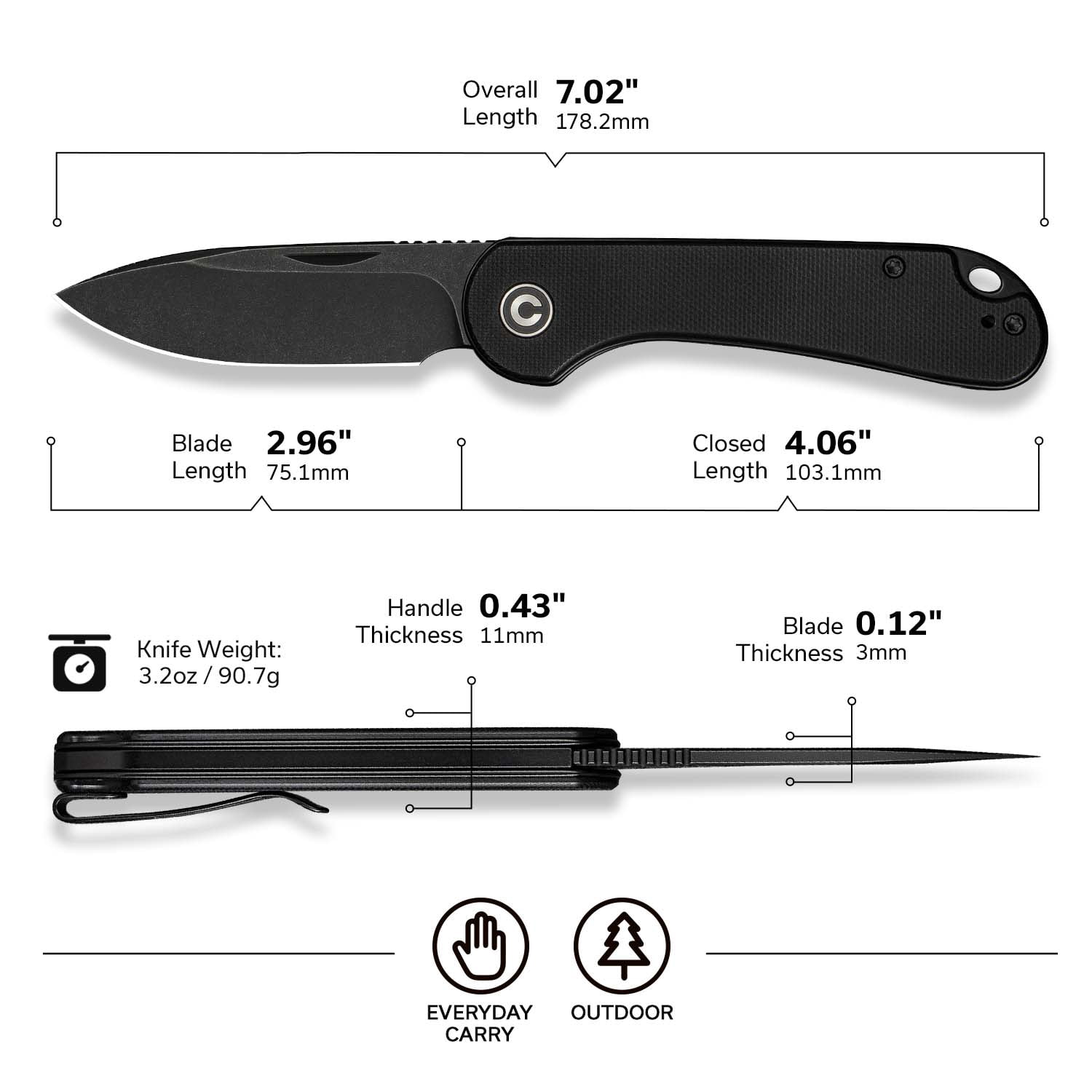 CIVIVI Elementum Slip Joint Pocket Knife, Folding Knife with 2.96" Swedish 14C28N Blade G10 Handle C18062AJ-1 (Black)