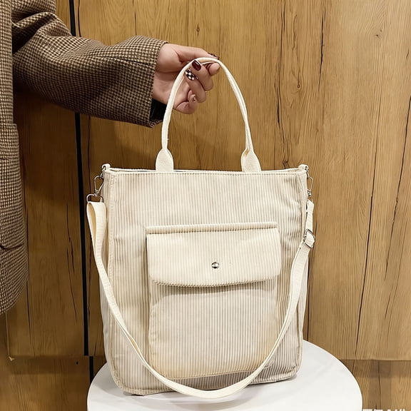 Milisten White Corduroy Large Capacity Tote Bag for Travel and Daily Use