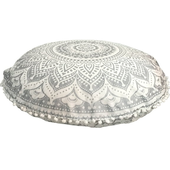 Stylo Culture Indian Meditation Cushion Floor Pillow Mandala Floor Cushion Printed Cushion Cover Silver 32x32 Large Decorative Round Decor Seating Tuffet Seat Pouf Cover Footstool Cotton Floral 1 Pc