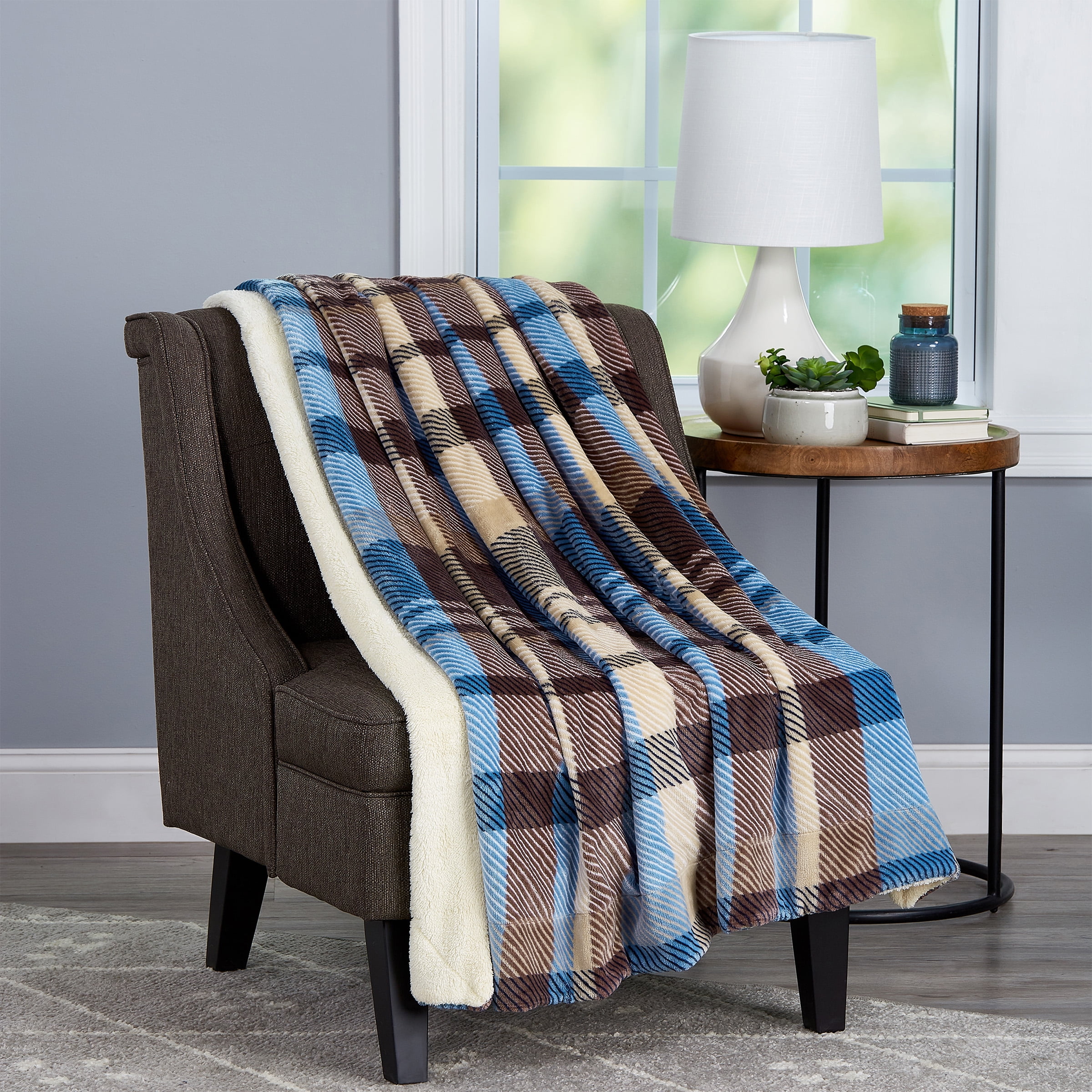 Blanket Throw Oversized Plush Woven Polyester Sherpa Fleece Plaid Throw by Somerset Home