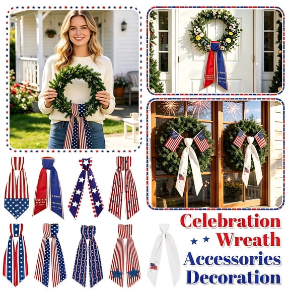 Patriotic Wreath Sash for Front Door Classic American Flag Embroidery Ribbon 4th of July Memorial Day Outdoor Decoration Blue 4''W x 55'L Polyester