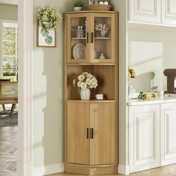 64.9" Tall Corner Cabinet, Modern Fluted Storage Cabinet with Glass Door and 5 Storage Shelves, Space Saver for Kitchen, Bathroom, Living Room, Nautral
