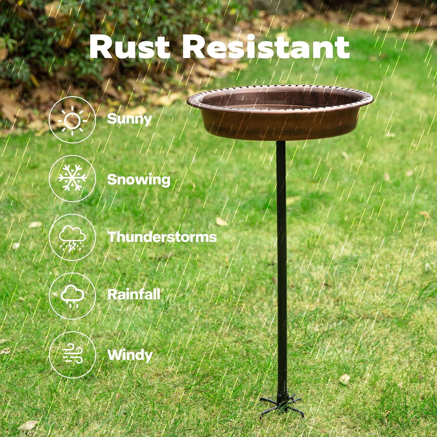 SPECSTAR Oval Polyresin Bird Bath Bowl with Metal Stake, 29 inch Height Outdoor Freestanding Birdfeeder, Capacity 1.3 Gallons, 5-Pronged Base, Bronze