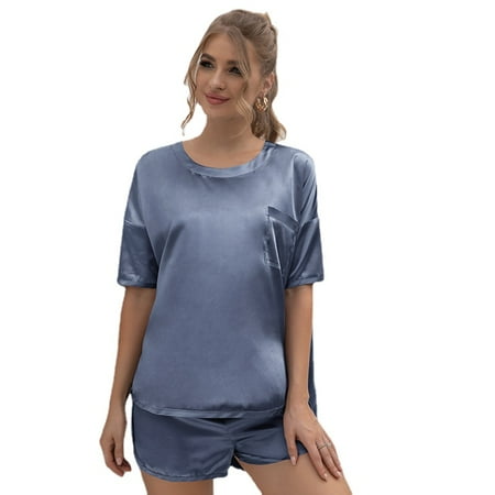 

Womens Silk Satin Pajamas Sets Solid Short Sleeve T-Shirt Tops with Shorts Sleepwear Summer Joggers 2Pcs Pjs Loungewear Nightwear Home Wear Suit