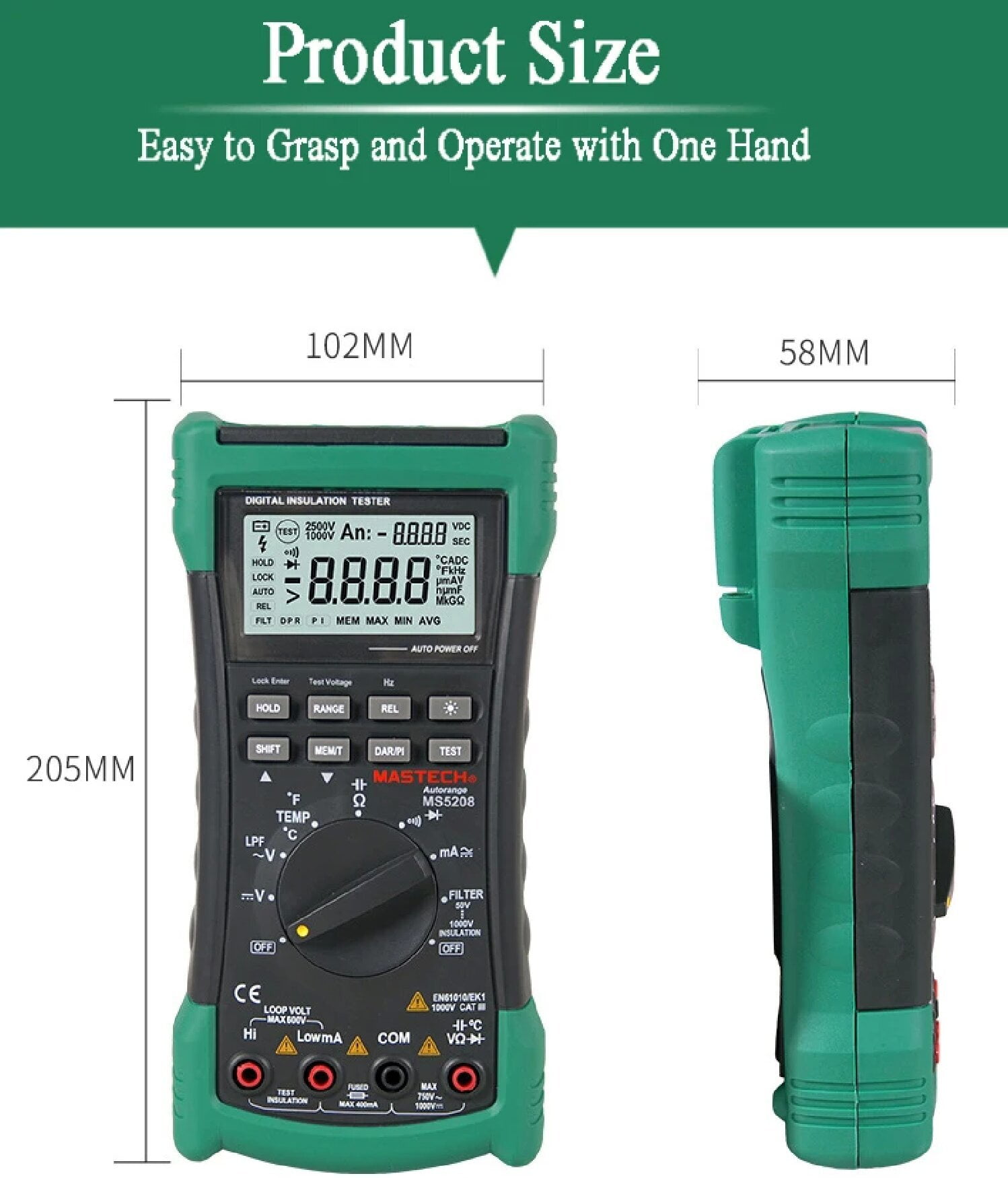 MASTECH MS5208 Insulation Testers Digital Multimeter Insulation Resistance Meter True RMS AC Voltage Current Temperature Tester(MS5208)