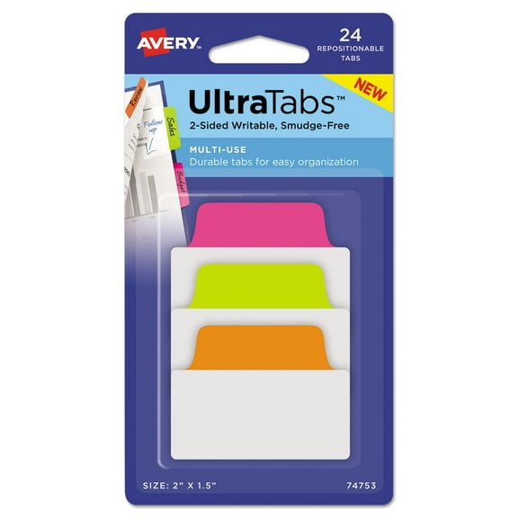 3Pc Avery Ultra Tabs Repositionable Tabs Standard: 2" x 1.5", 1/5-Cut, Assorted Neon Colors, 24/Pack