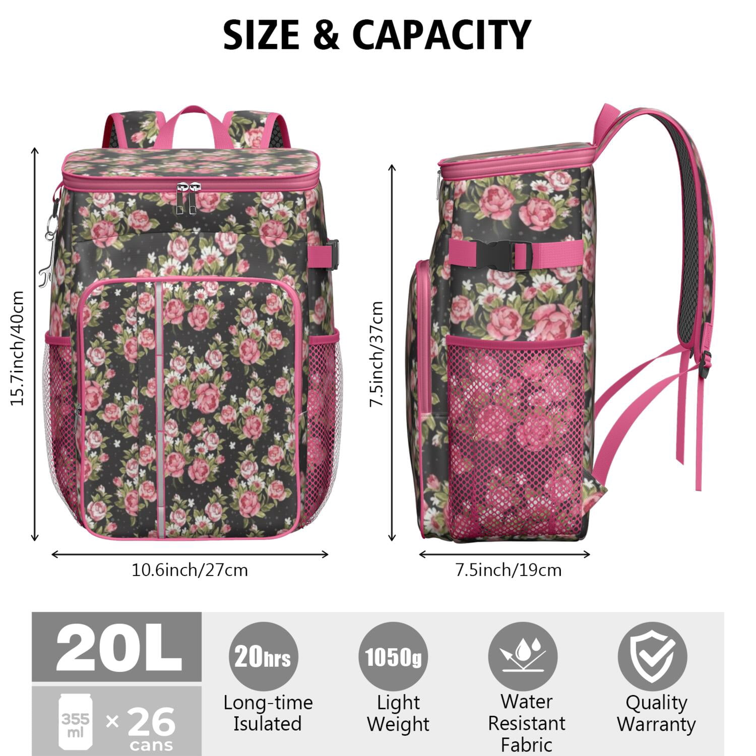 Travel Cooler Bag - Pioneer Flower Floral Print Pattern Camping Beer Cooler Backpack with Bottle Opener- Waterproof Insulated Picnic Backpacks - Cooler Bag for Beach