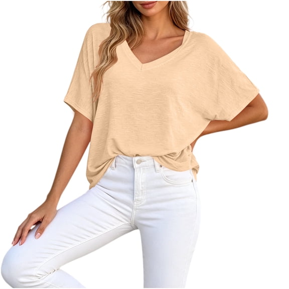 yillto Womens Blouse Summer V Neck Plain Short Sleeve Loose Top Causal Trendy Dressy Shirts Outfits