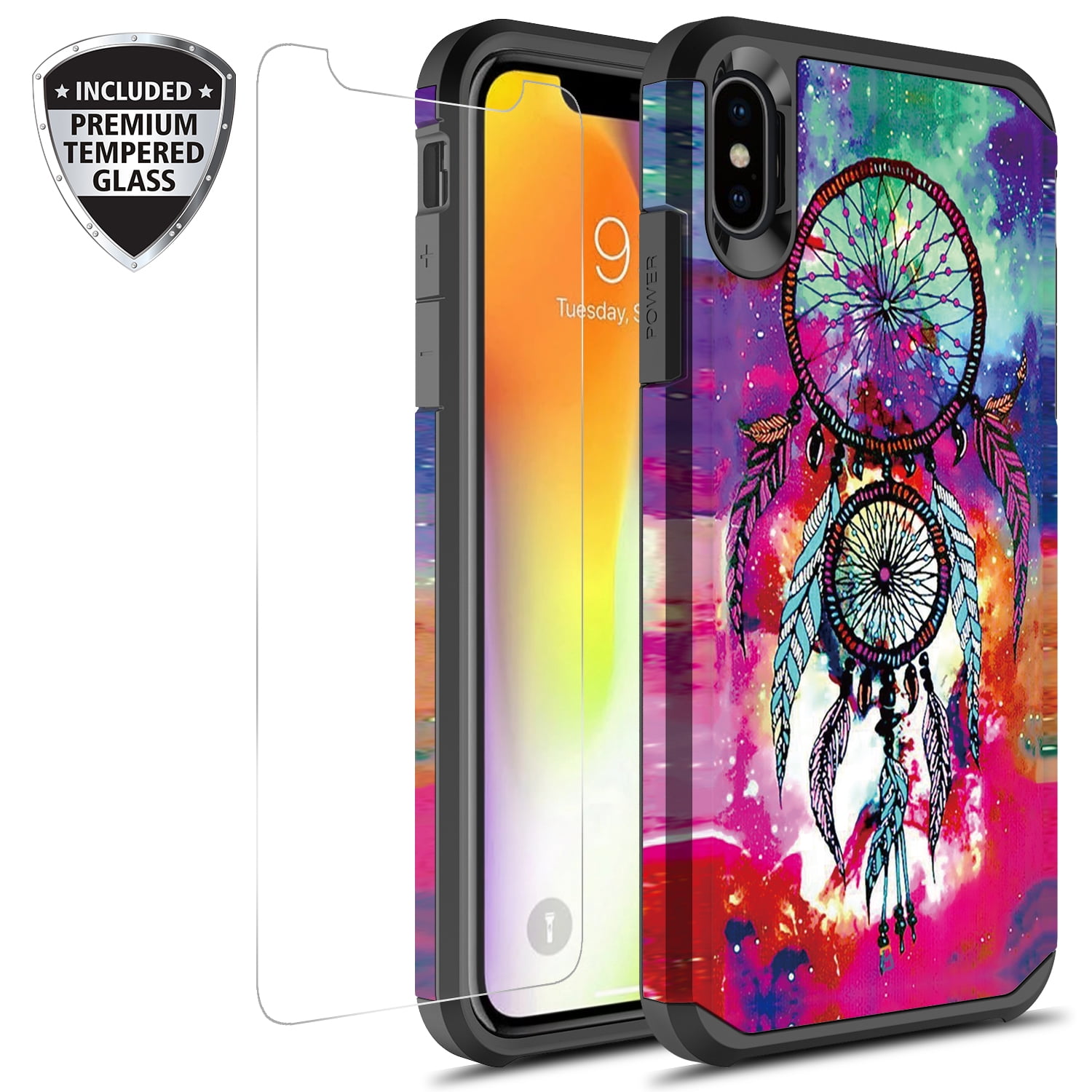 iPhone Xs Max Case With Tempered Glass Screen Protector, KAESAR Slim Hybrid Dual Layer Graphic Fashion Colorful Cover Armor Case for Apple iPhone X S Max (Dream Catcher)