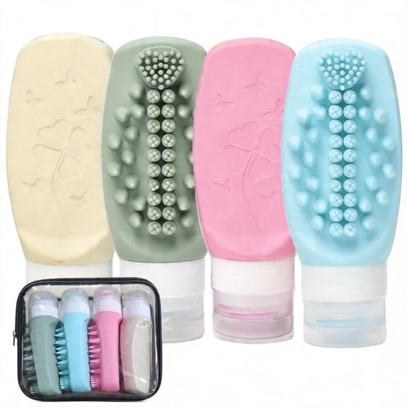 4-Pack Silicone Travel Bottles with Face Cleansing Brushes, TSA Approved Leak-Proof Squeezable Toiletries Containers, 3 oz Essentials
