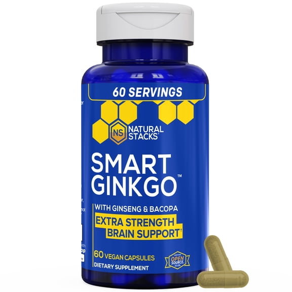 NATURAL STACKS Ginkgo Biloba Supplements w/Panax Ginseng and Bacopa Monnieri - Focus Supplement for Mental Performance, Brain Health Supplements for Adults, 60 Ginkgo Biloba Capsules