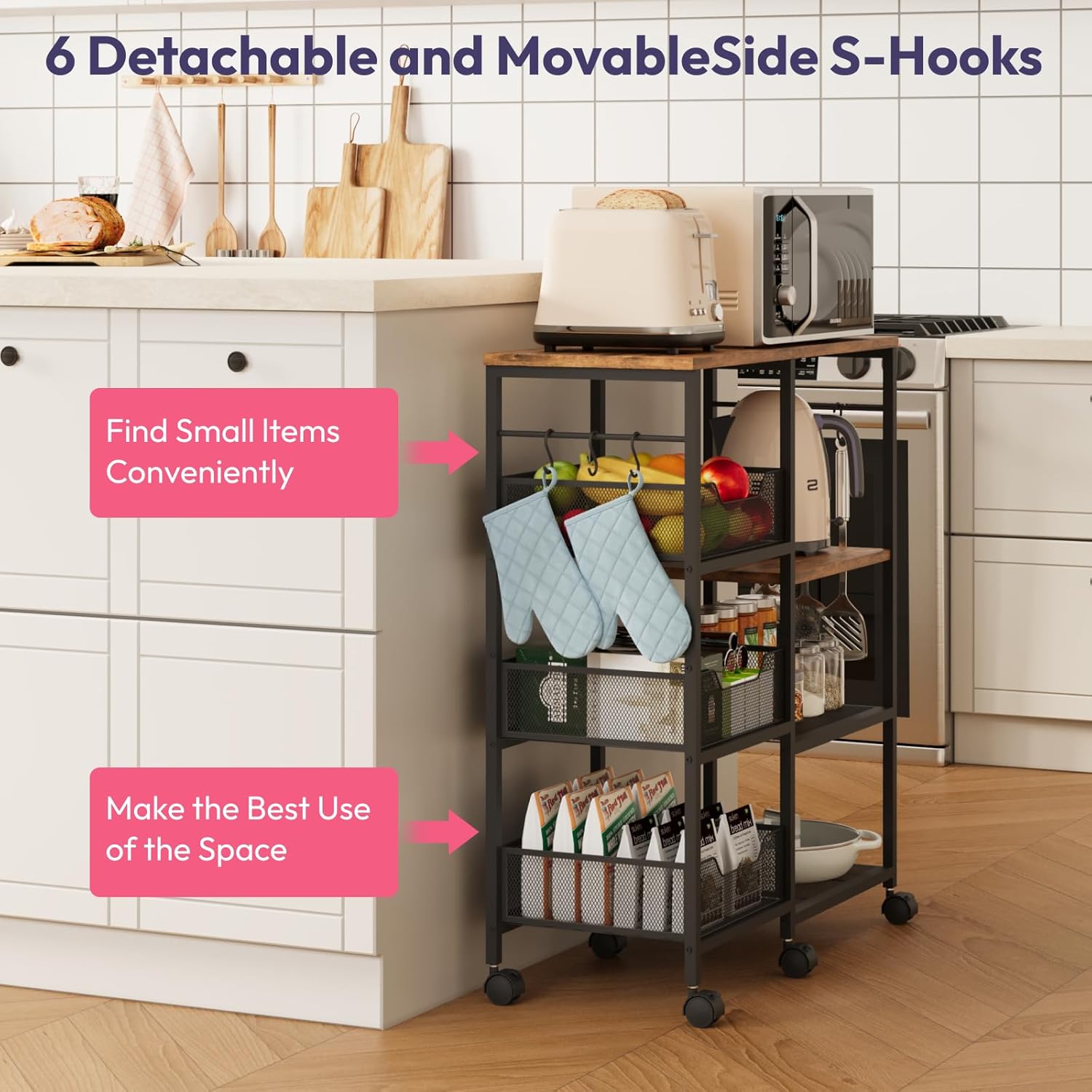 Kitchen Island Cart on Wheels - 4 Tier Rolling Kitchen Table Cart with Storage Shelves, 6 Removable Hooks & Locking Casters, Coffee Bar Cabinet for Dining Room Pantry Office, Espresso