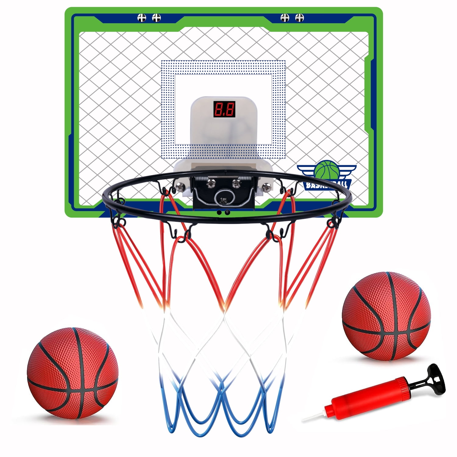 POCO DIVO Over The Door Basketball Hoop, Mini LED Lights 3-Mode Scoreboard, Kids Cheerful Game 2 Balls Set, Indoor Mounting Classic Sports, Boys Girls Room Toy Gift Adult Office Party Play, Green