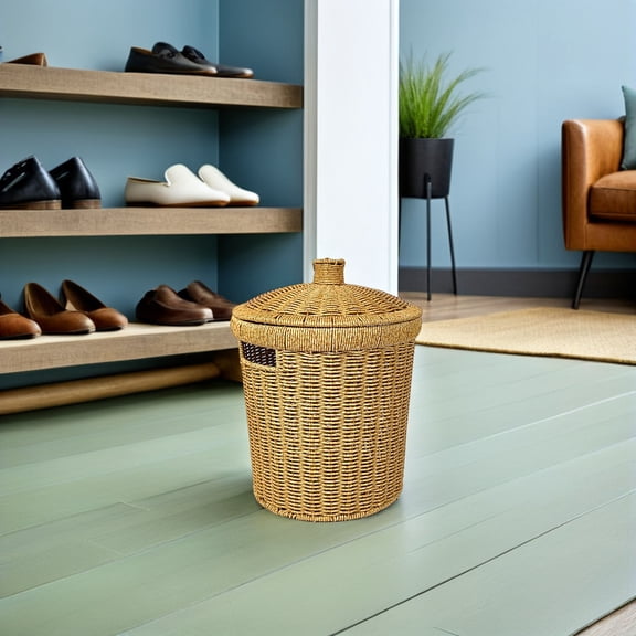 COMPUKAS Handwoven Wicker Waste Basket with Lid Decorative Home Trash Can Brown