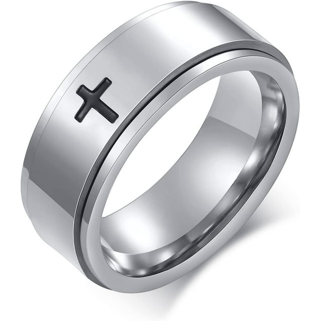ORUYROP 6mm/8mm Titanium Steel Black/Silver/Gold Fidget Ring Engraved Small Cross Stainless Steel Spinner Rings Stress Relieving Anxiety Ring Engagement Wedding Promise Band for Women Men Boys