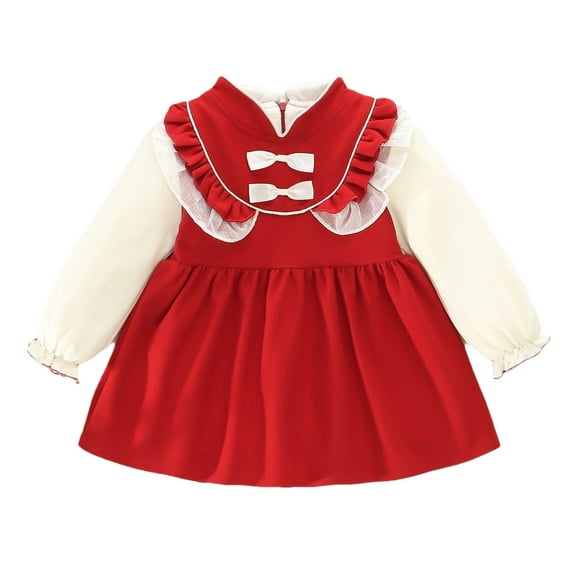 Odeerbi Girls Winter Dress Toddler Girls Clothes Velvet Tiered Dress With Bow Collar 2025 Long Sleeve Dress Ruffle Tunic Shirt Dress Red 12-18 Months