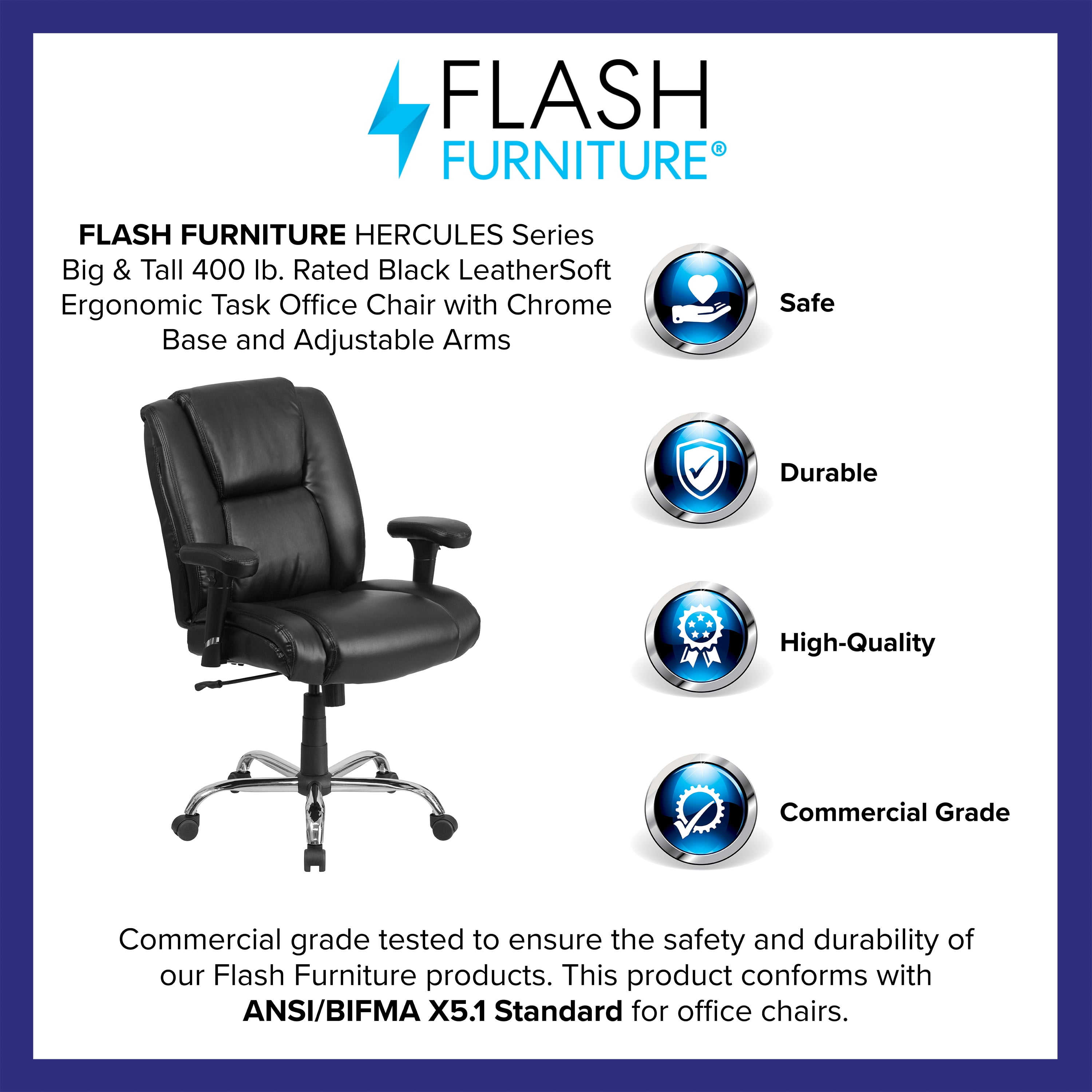 BizChair Big & Tall 400 lb. Rated Black LeatherSoft Ergonomic Task Office Chair with Chrome Base and Adjustable Arms