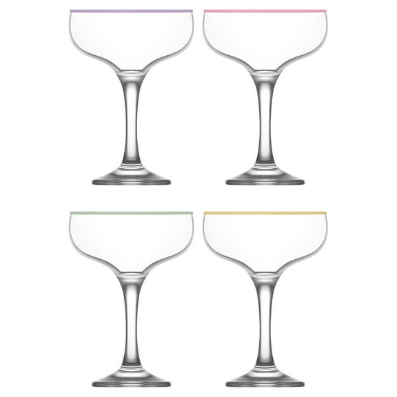 Coupe Cocktail Glasses Set of 4, 8oz - Champagne & Martini Glasses with Colored Rims, Chic Specialty Drinkware for Parties & Home Bar