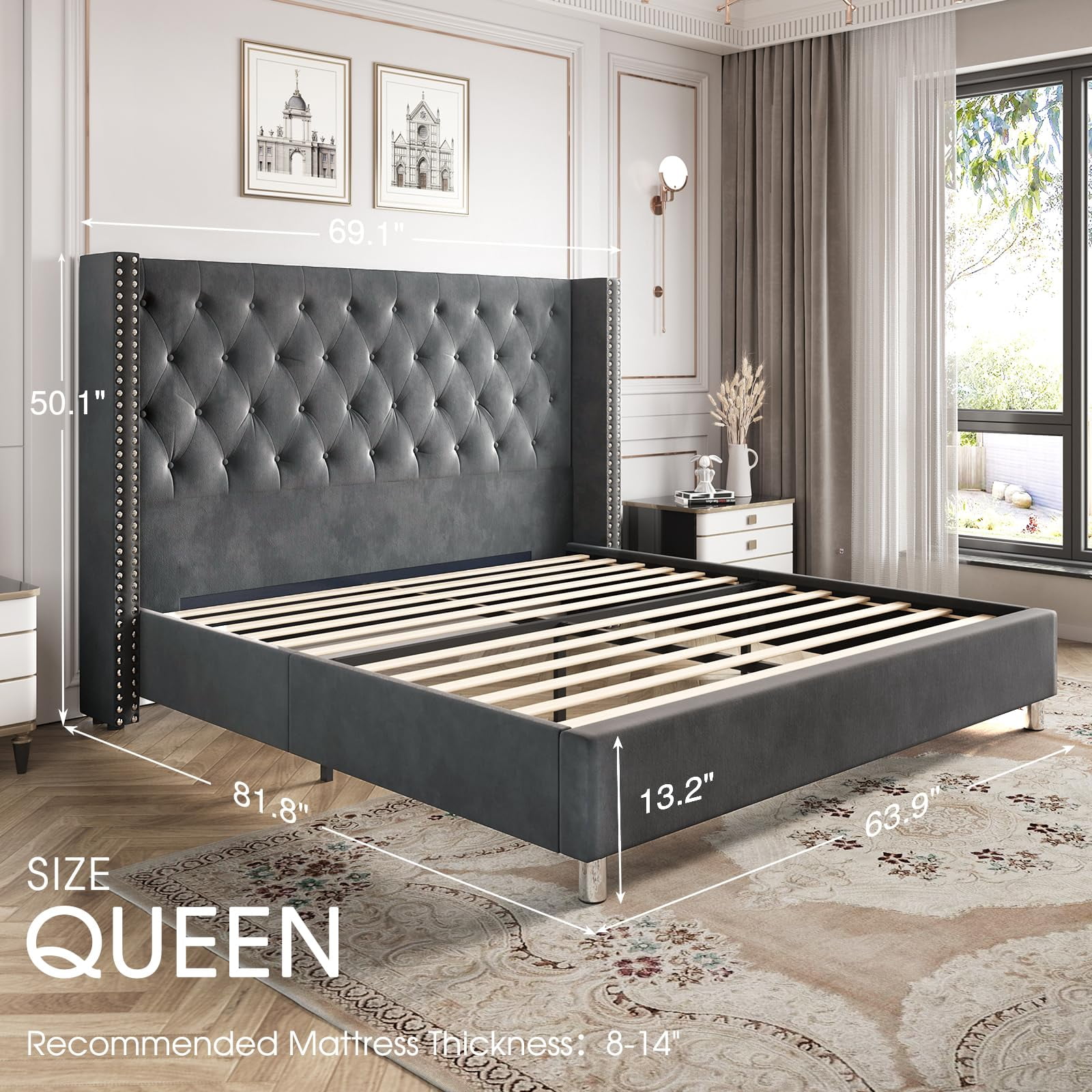 VanAcc Queen Size Velvet Low Profile Platform Beds Tufted Upholstered Platform Bed Frame Raised Wingback Headboard /No Box Spring Needed/Easy Assembly