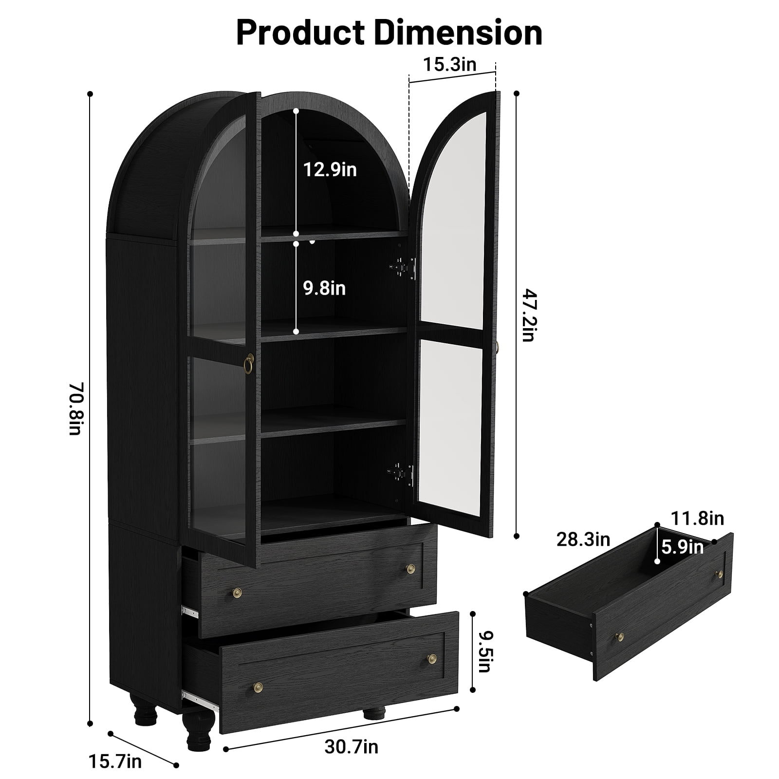 IDEALSOUL Arched Kitchen Pantry Cabinet, 71" Tall Wood Storage Cabinet with 2 Glass Doors, 4 Shelves and 2 Drawers, Food Cabinet for Kitchen, Living Room, Bedroom(Black)