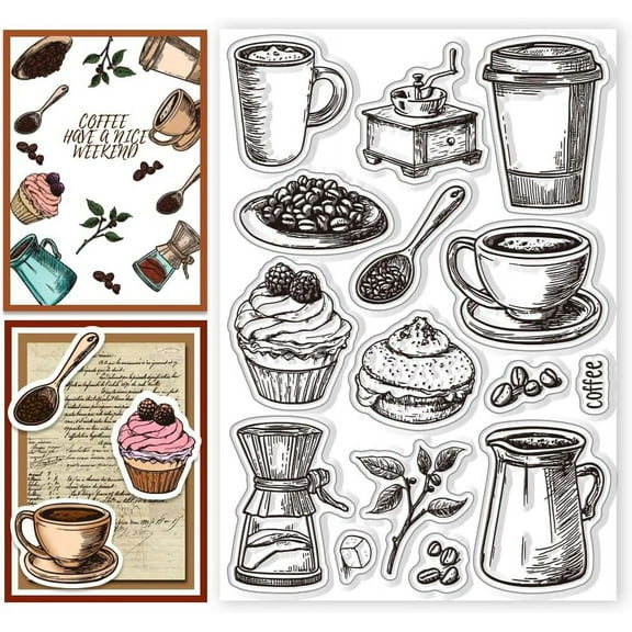 Dessert and Coffee Clear Stamps Silicone Seal Stamps Coffee Cup Frame Cake Transparent Stamp for Crafts Stamps Cards for Card Making DIY Scrapbooking Album Journal Decoration Crafts
