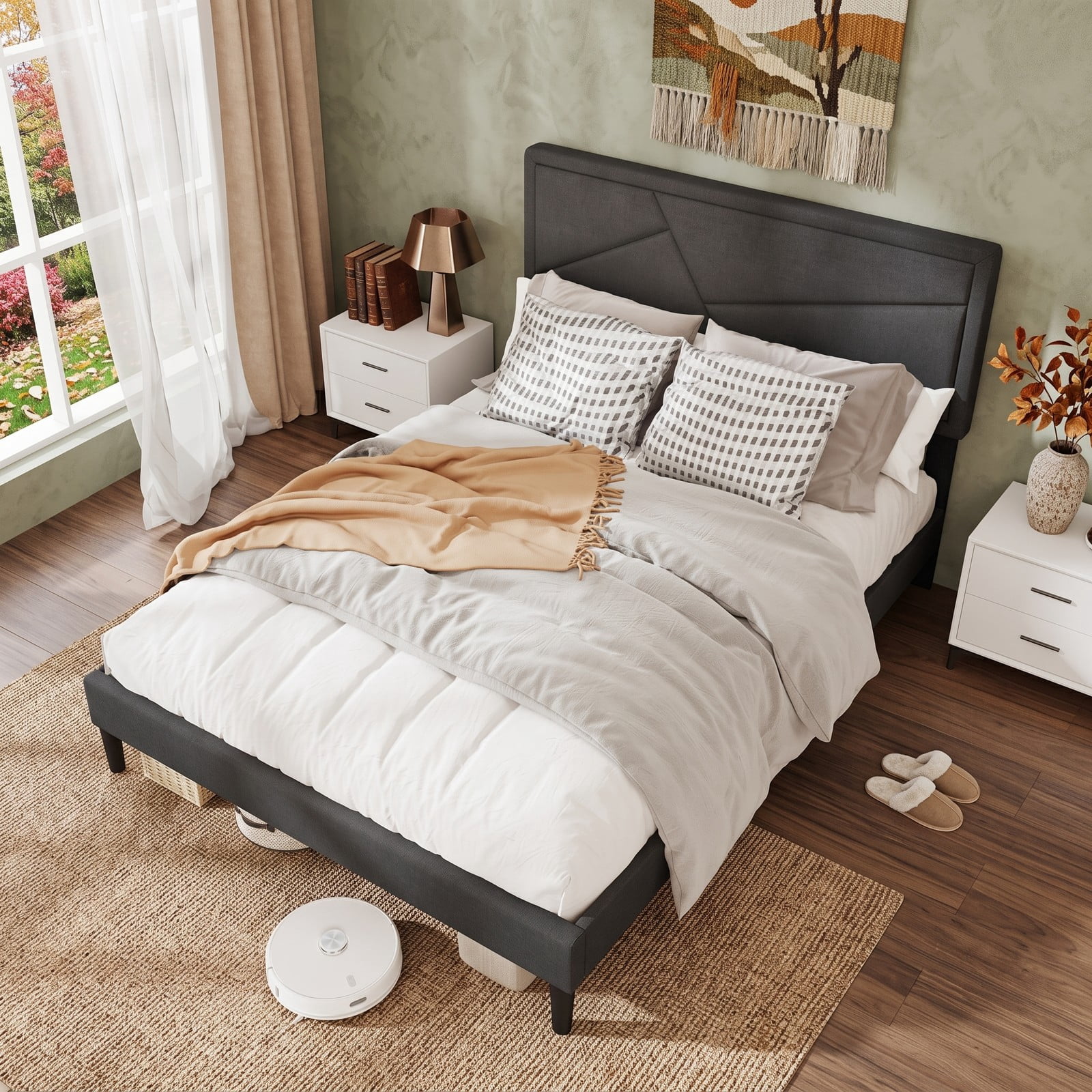 Furnibear Queen Size Bed Frame Upholstered Platform Bed Frame with High Headboard and 12 Plywood Slats for Modern Bedroom, Dark Gray