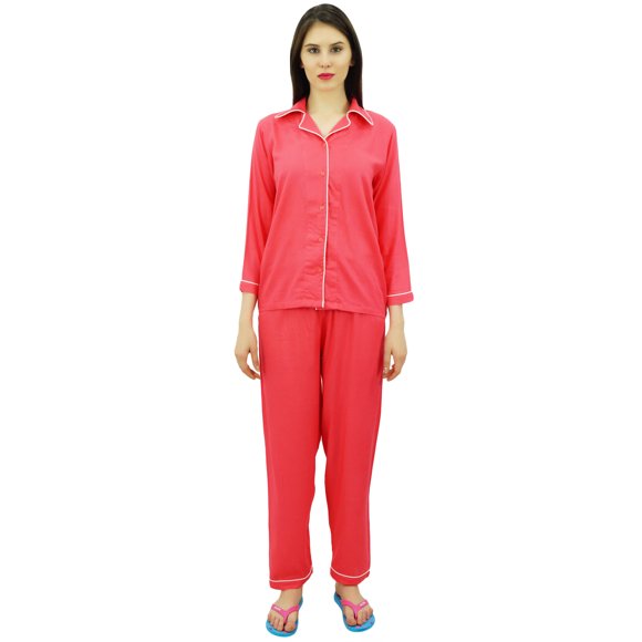 Bimba Button-Down Shirt With Elastic Waist Pajama Pants 2 Pcs Full Sleeve Night Wear Set