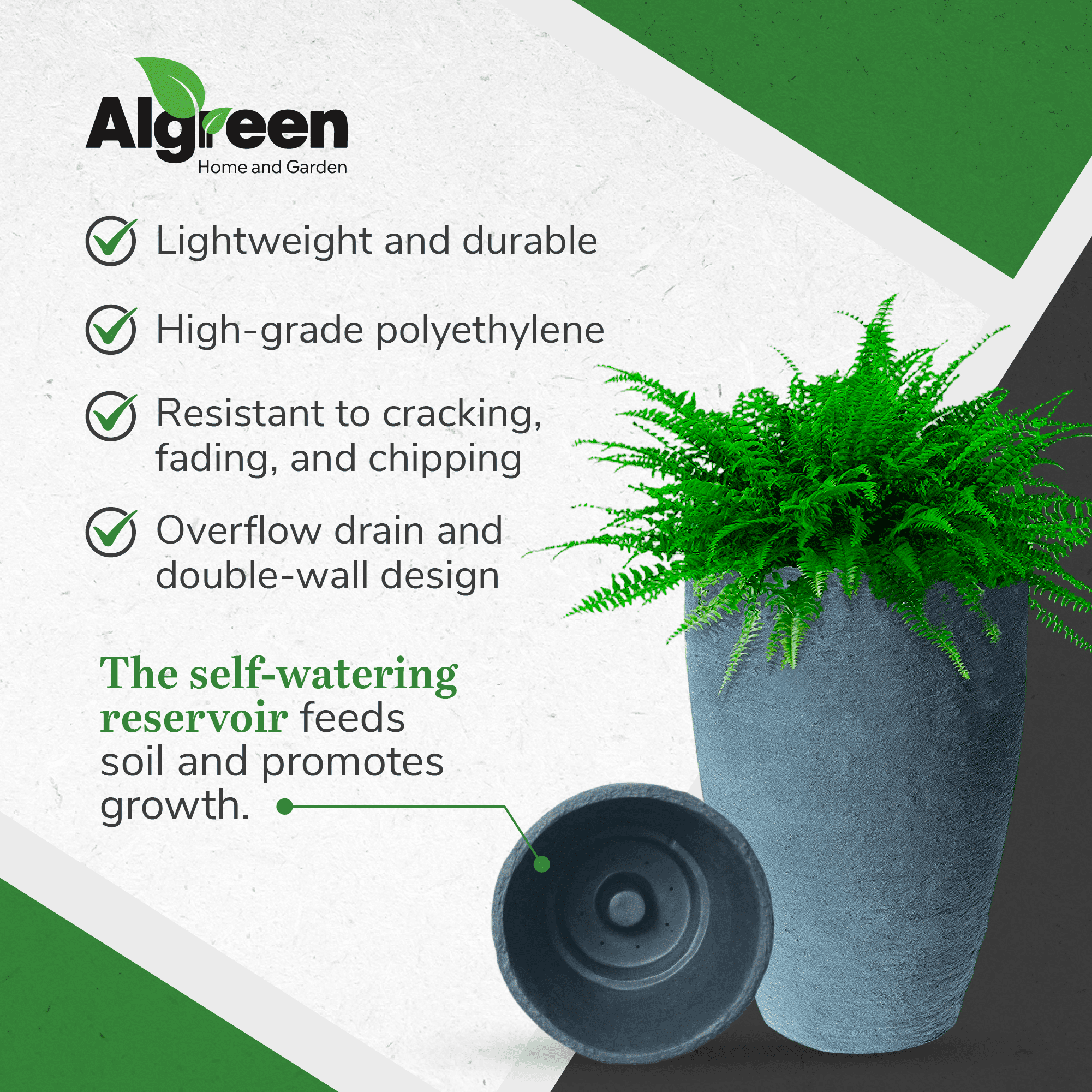 Algreen Products 87301 Athena 20.5" Self Watering Plastic Planter, Charcoalstone