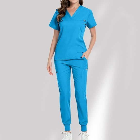 Azrian Ladies Uniform Set, Scrub Top and Pants Sets Women's V-neck Short Sleeved Pocket Long Pants Protective Suit Set Short Sleeved V-neck Top/shirt