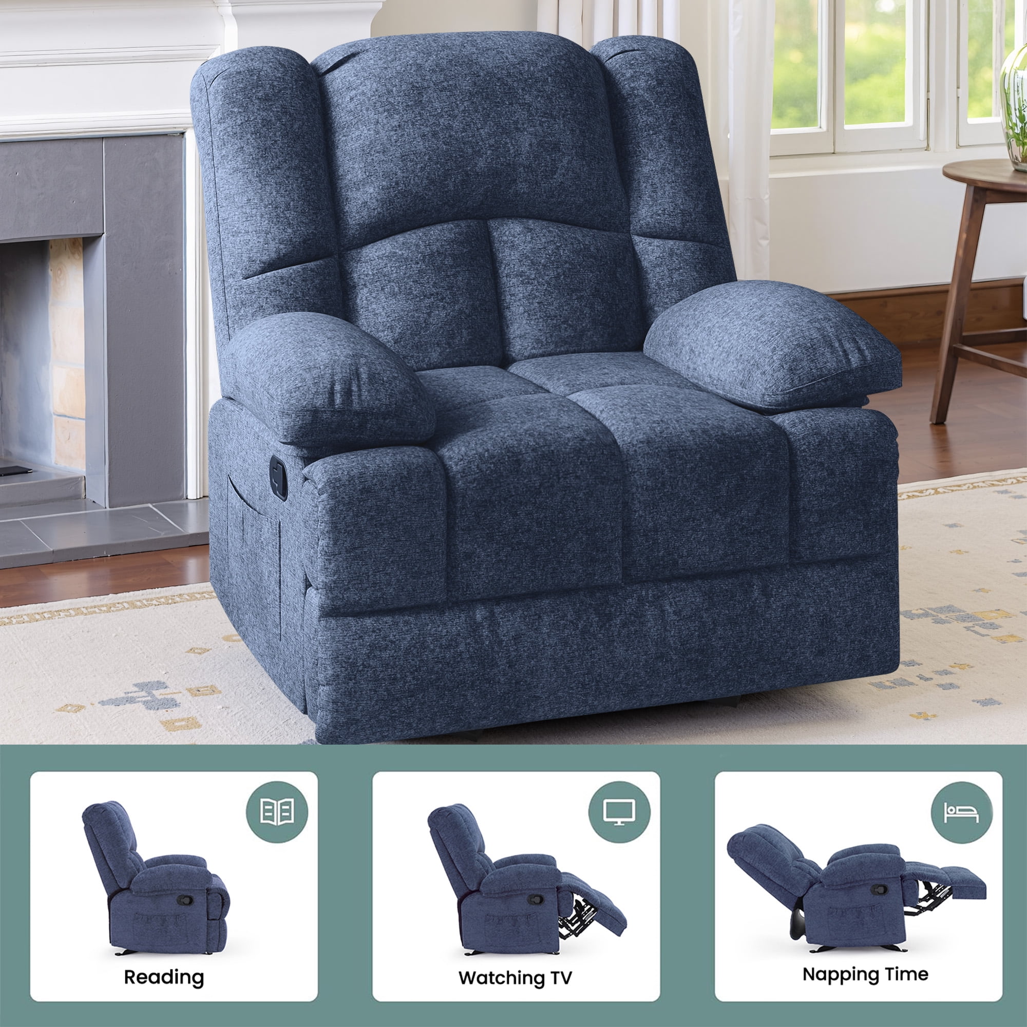 MAYEERTY Blue Oversized Rocking Recliner Sofa for Adults, Chenille, Ergonomic, Perfect for Living Room