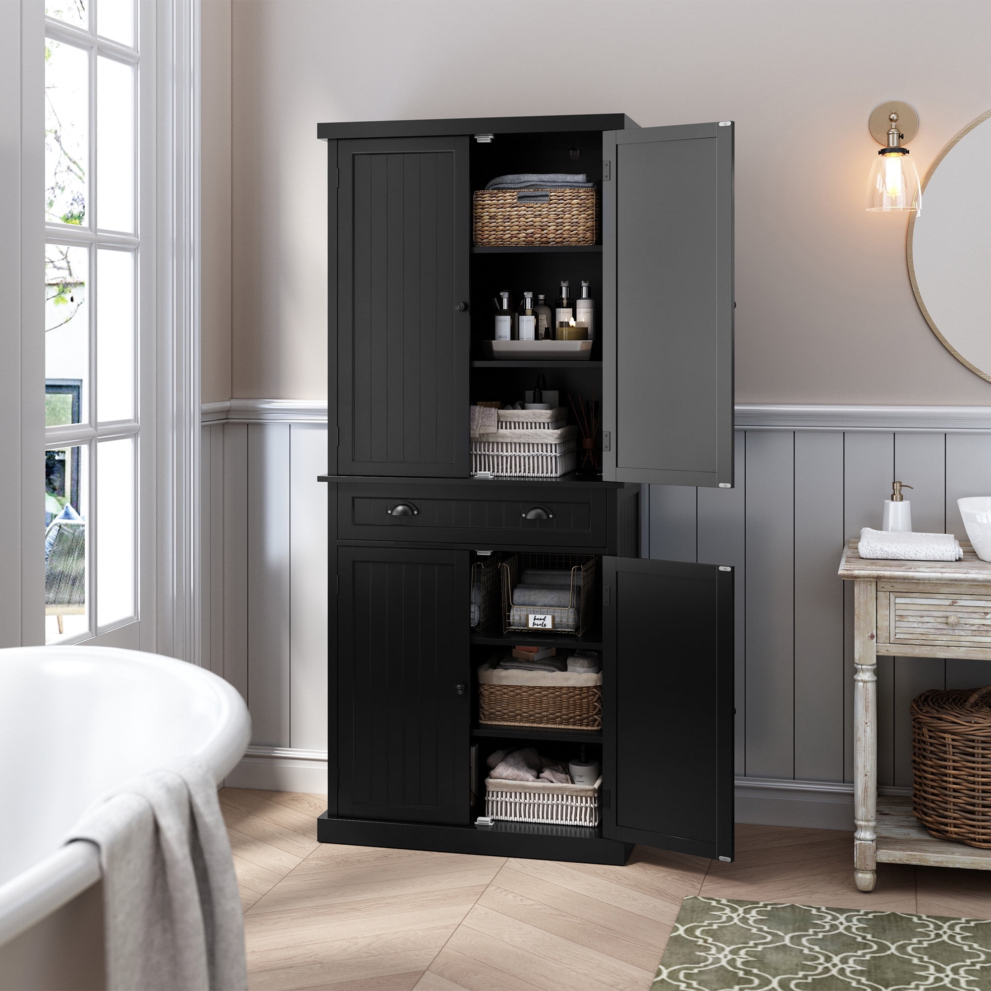 HLR Freestanding Durable Kitchen Pantry Storage Cabinet with Adjustable Shelves, Black