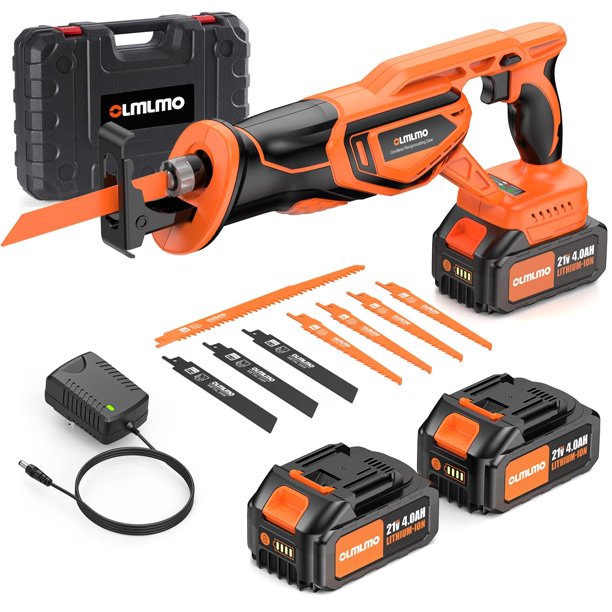 Sierra de Vaivén Inalámbrica Olmlmo con 8 Hojas: 2 Baterías de 4.0 Ah, Motor Brushless de 3300 RPM, Kit de Sierra de Vaivén Inalámbrica para Corte de Madera, PVC, Metal, Árbol y Hueso (Naranja)