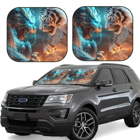 Hirioo Blue Dragon And White Tiger for 2PCS Windshield Sun Shade Foldable | Front Windshield Shade for Sun Heat and UV Rays-Medium
