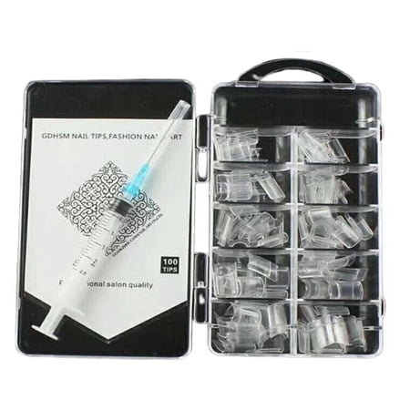 100pcs / box Aquarium Nail Tips Clear Liquid Water Syringe with Injector False Tips