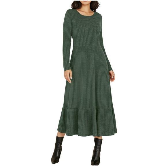MaFYtyTPR Women's Knitted A-line Dress 2025 Casual Fashion Fall Ribbed Knit Round Neck Soft And Swinging Dress With Pocket Army Green L
