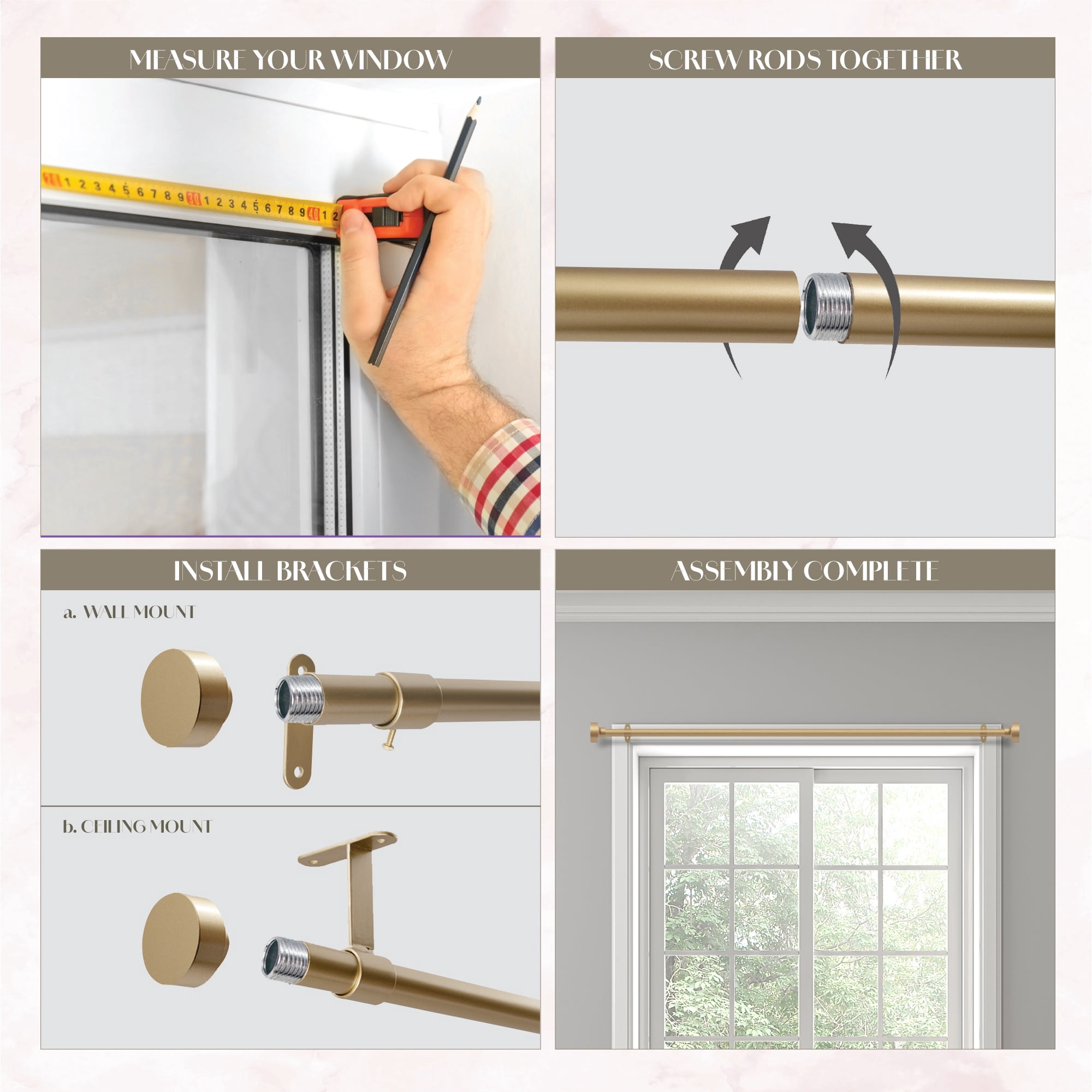 Dwell Studio Adjustable Window Curtain Rod, 3/4" Iron Material, Adjustable 20-120 Inch Kit, Satin Brass