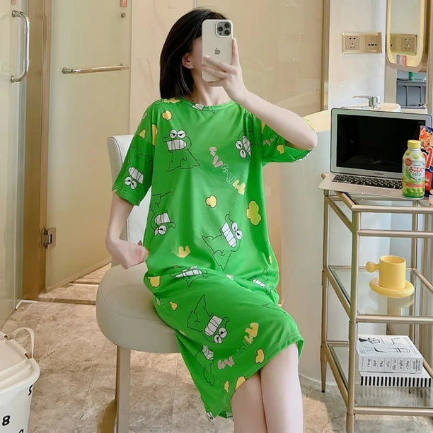 Vestido de dormir informal de manga corta para mujer, camisón Midi holgado con estampado de dibujos animados de alto volumen, precio bajo del sudeste asiático, verano