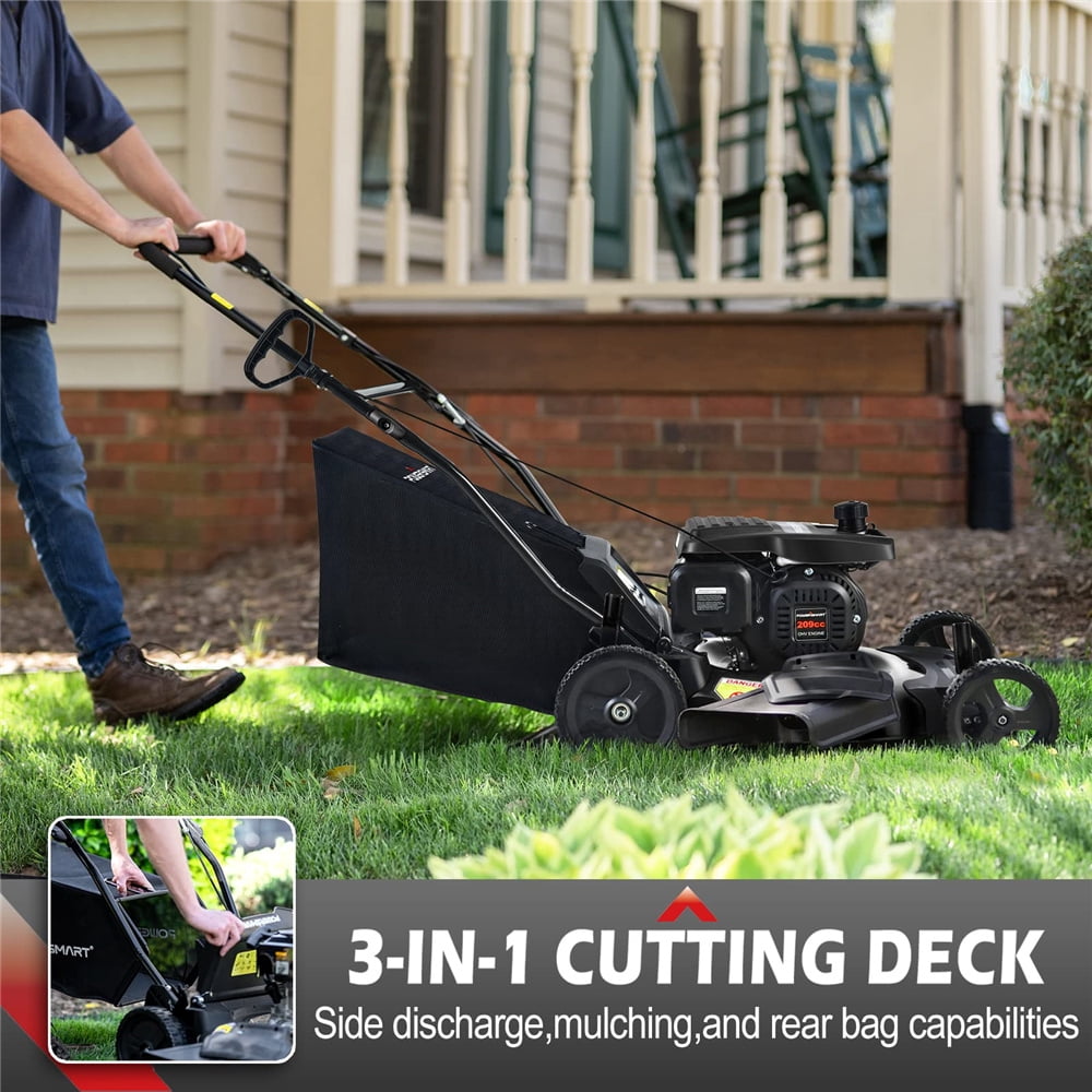 PowerSmart Gas Lawn Mower, 21 Inch 3-in-1 Push Mower, Walk-Behind 4-Stroke 209CC Engine Gas Powered Lawn Mower with Bag, 5 Adjustable Heights, Engine Oil Included, Black, LLL4750