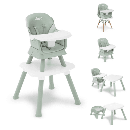 Jeep Milestone 6-in-1 High Chair by Delta Children - High Chair Converts to Stool, Booster Seat, Toddler Chair, Activity Table and Desk and Chair, Sage Green