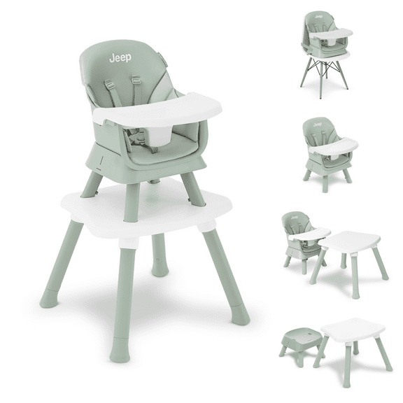 Jeep Milestone 6-in-1 High Chair by Delta Children - High Chair Converts to Stool, Booster Seat, Toddler Chair, Activity Table and Desk and Chair, Sage Green
