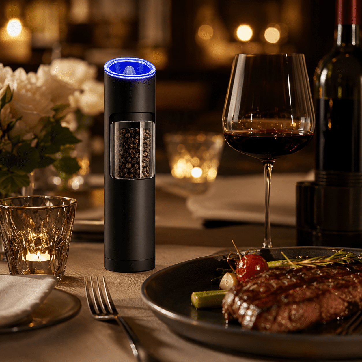 Electric Gravity Salt and Pepper Grinder - Battery-Powered, One-Hand Operation, Adjustable Coarseness, LED Indicator