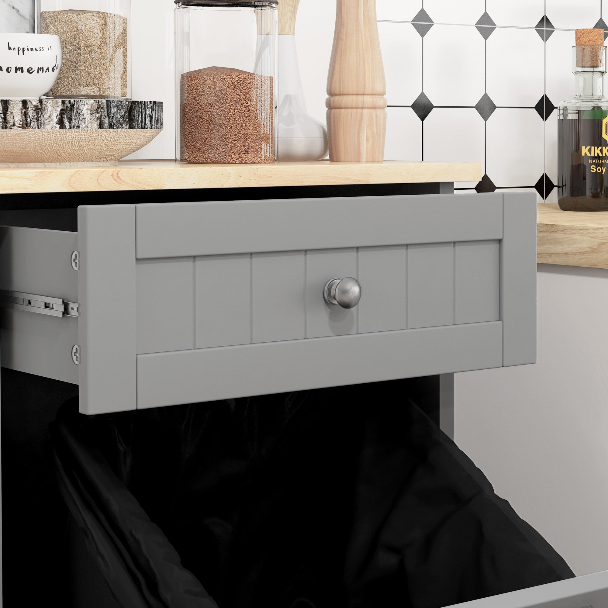 HOQBN 10 Gallon Tilt Out Trash Cabinet, Wooden Hidden Trash Can with Storage Drawer for Kitchen, Laundry Hamper Cabinet for Bathroom, Gray