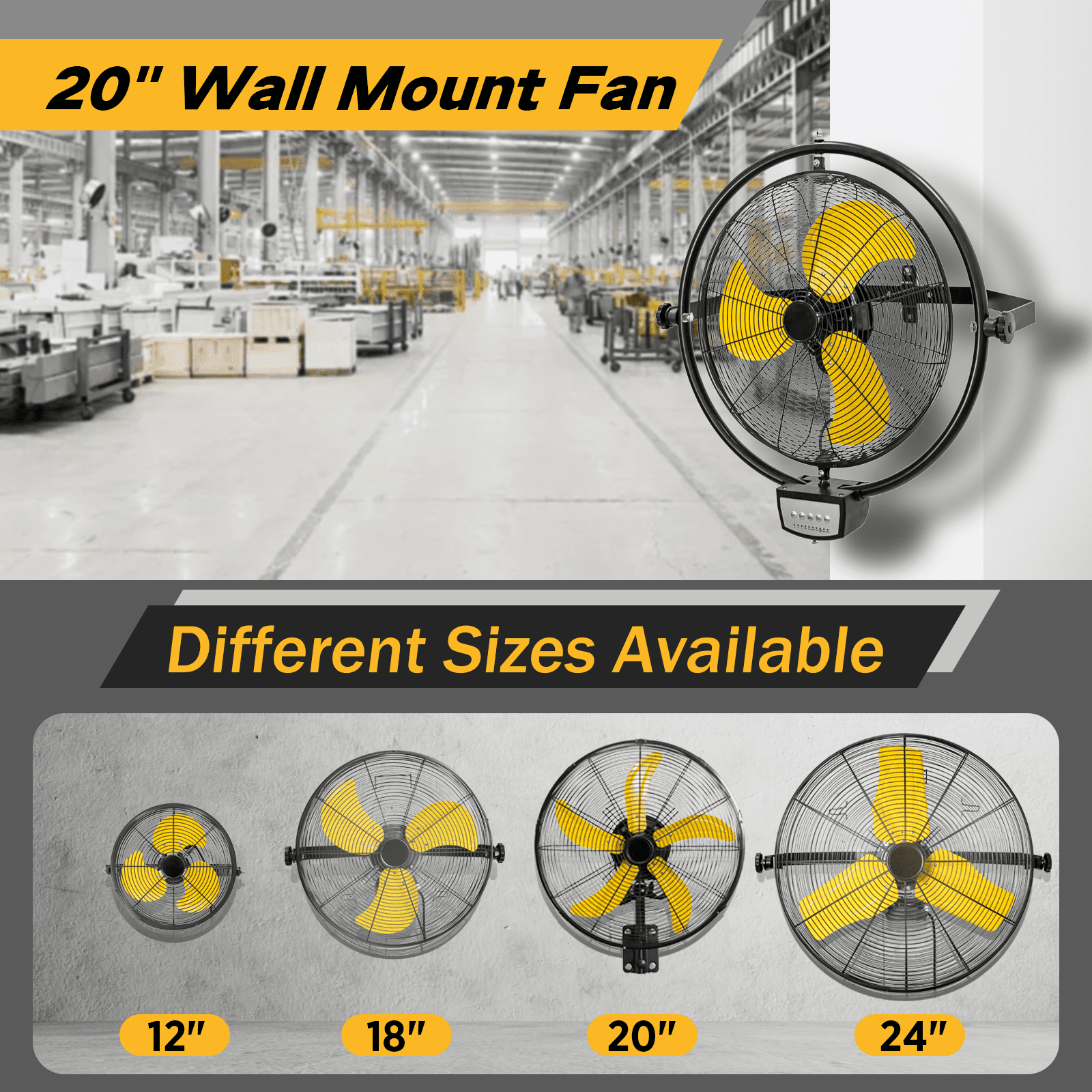 20 inch Wall Mount Fan Oscillating, 5000 CFM High Velocity Extended Remote and 9ft Power Cord, 3-Speed Industrial Wall Mounted Fan for Commercial, Greenhouse, Garage, Workshop, Gym