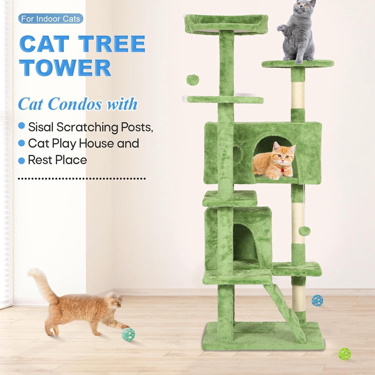 FDW Green 54in Cat Tree Tower with Scratch Posts Condo and Toys for Active Cats
