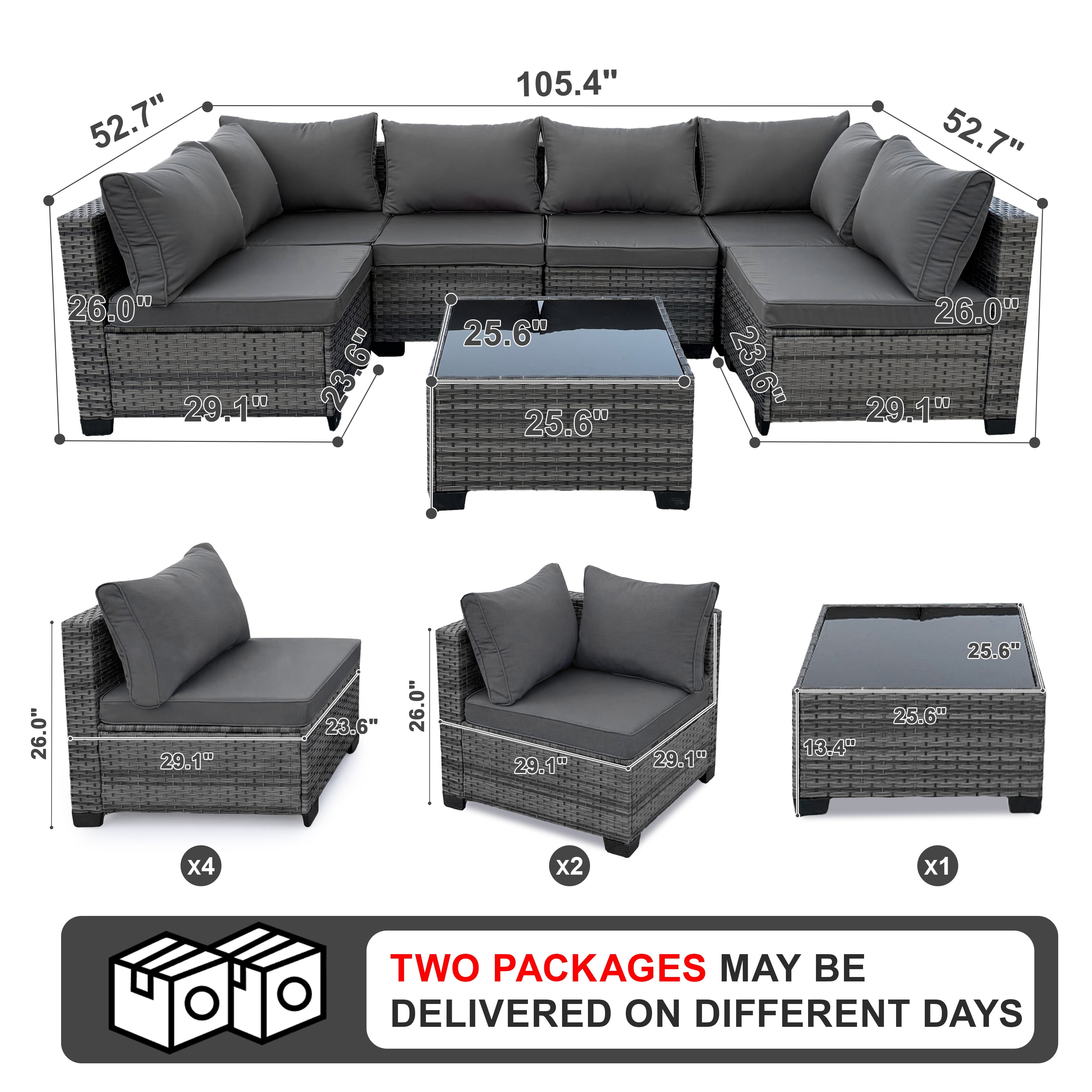 MOLIBYME 7 Pcs Outdoor Patio Furniture Set, Modular Outdoor Sectional Wicker Conversation Set, Rattan Sofa Set with Glass Table and Washable Cushion Covers, Gray